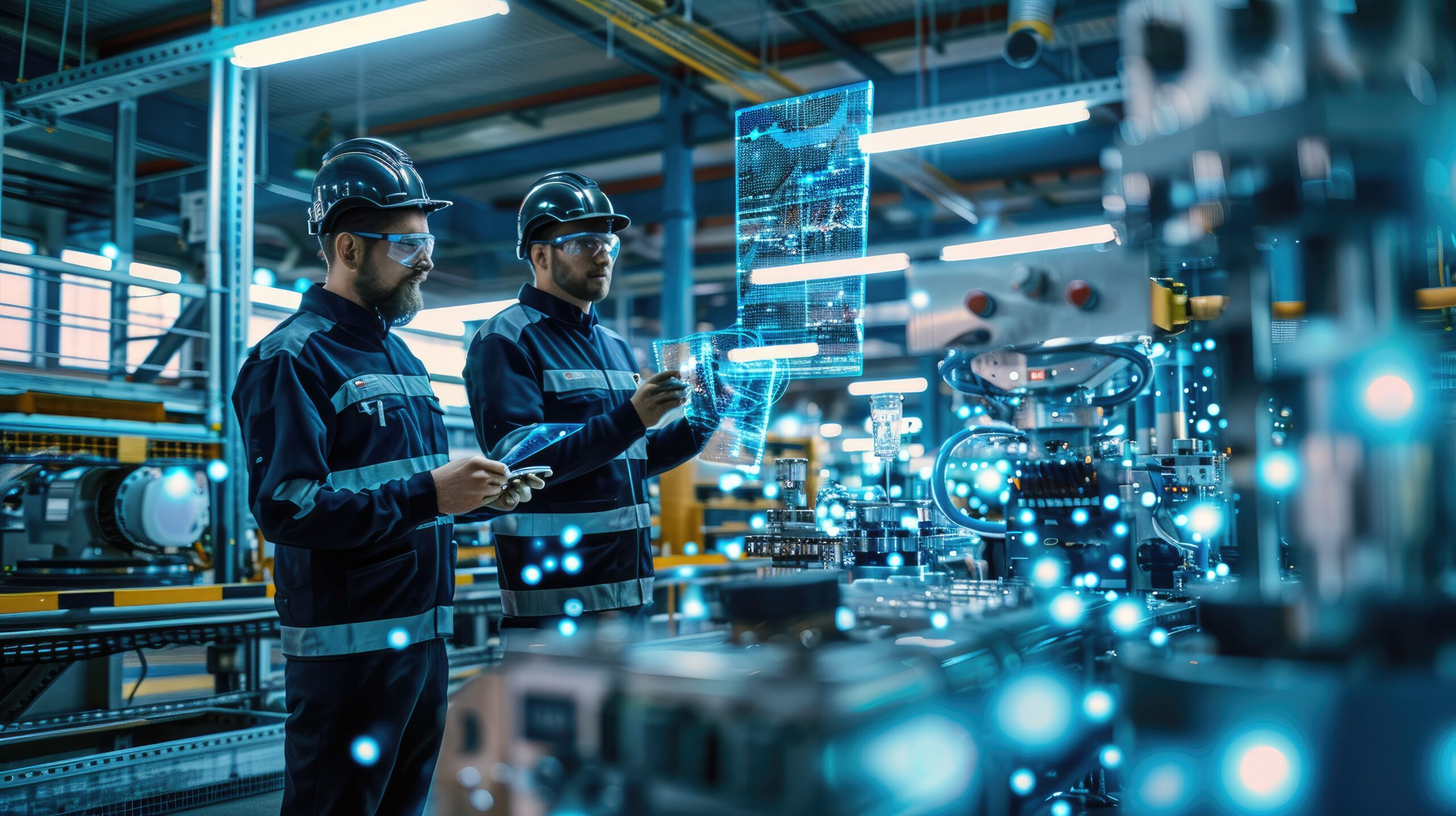 Two industrial engineers using a tablet computer to analyse real-time data visualisations in a modern manufacturing facility.