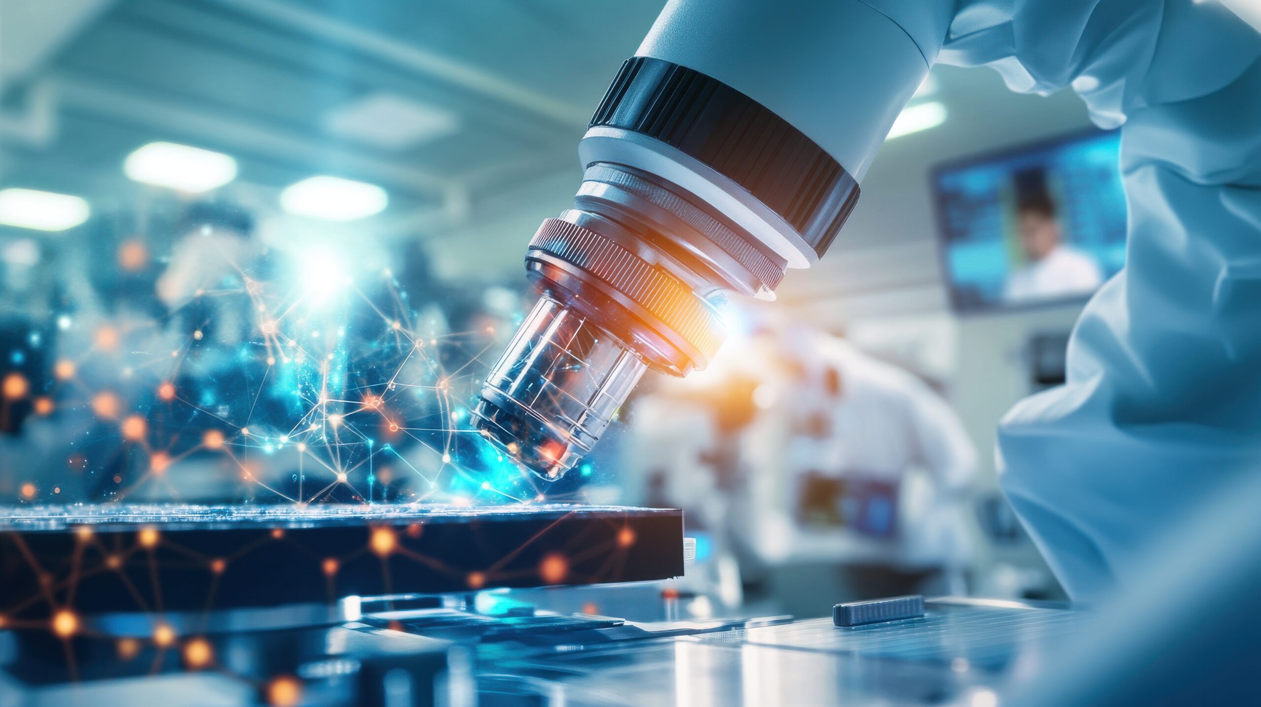 Close-up of a microscope lens analysing a digital network of connections in a laboratory setting.