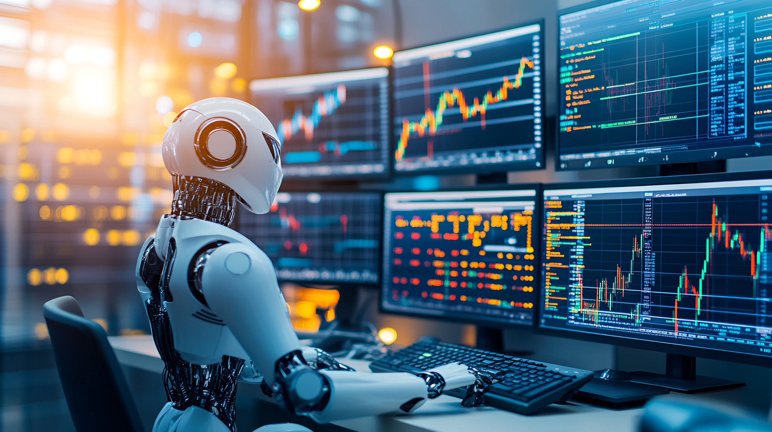 A humanoid robot analysing data on multiple computer screens in a high-tech industrial control room.