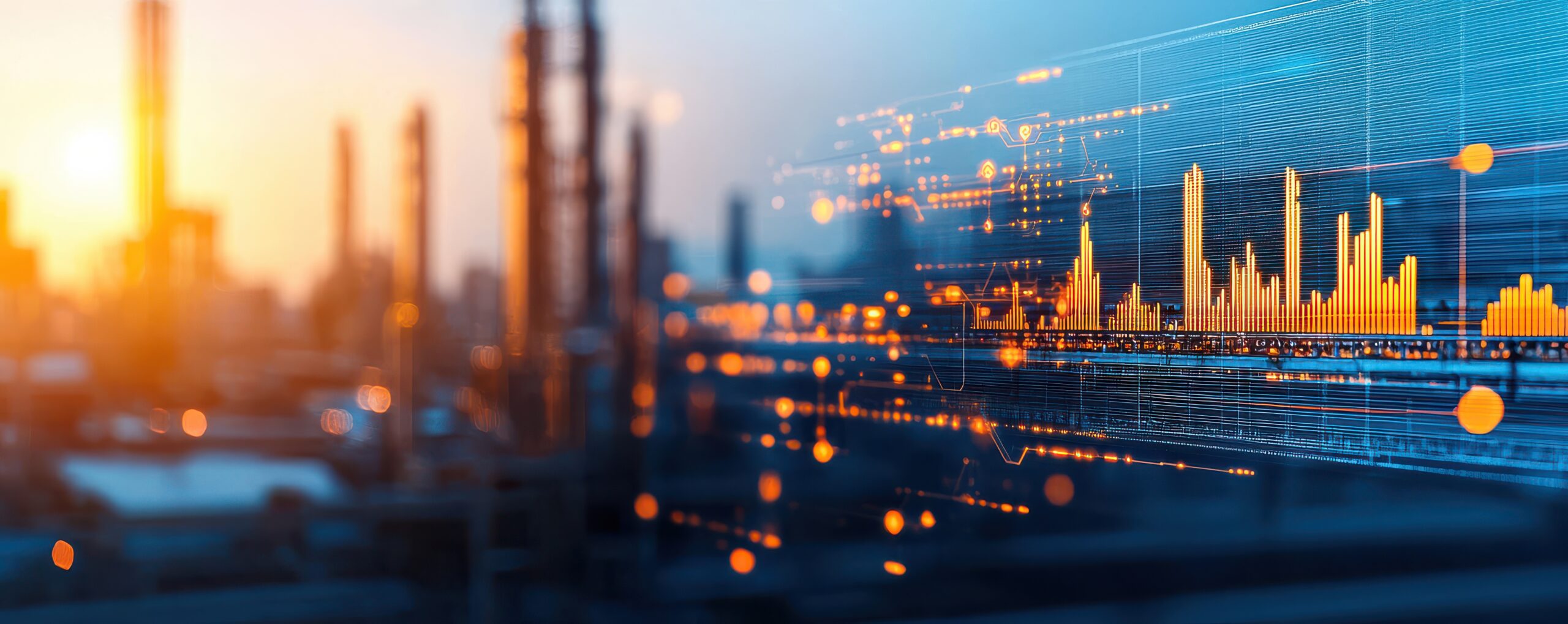 Digital data visualisation of smart factory metrics overlay on a high-tech industrial manufacturing facility at sunset.