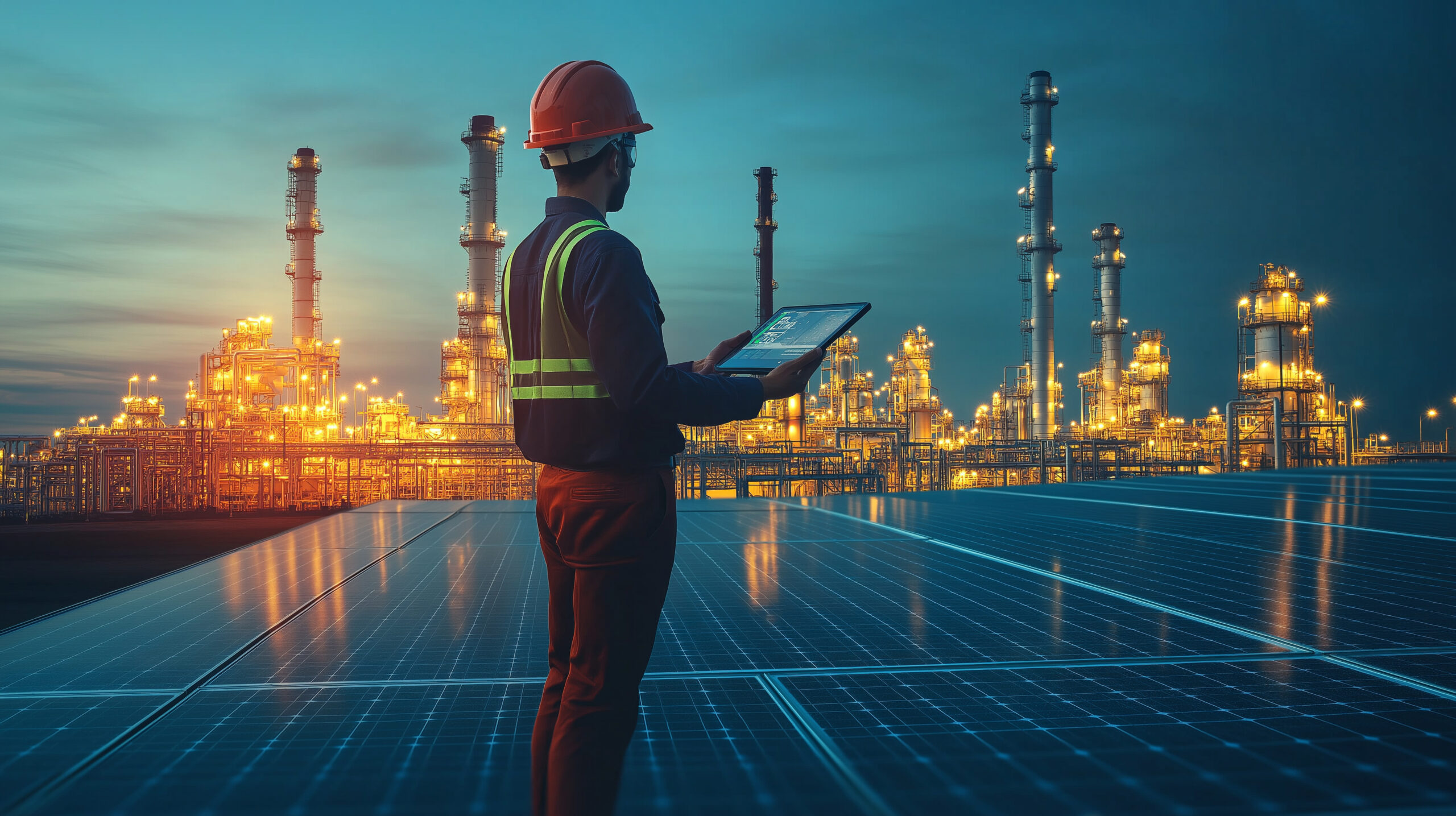 An engineer using a tablet, standing in front of solar panels and an illuminated industrial facility at sunset, showcasing smart factory energy efficiency.