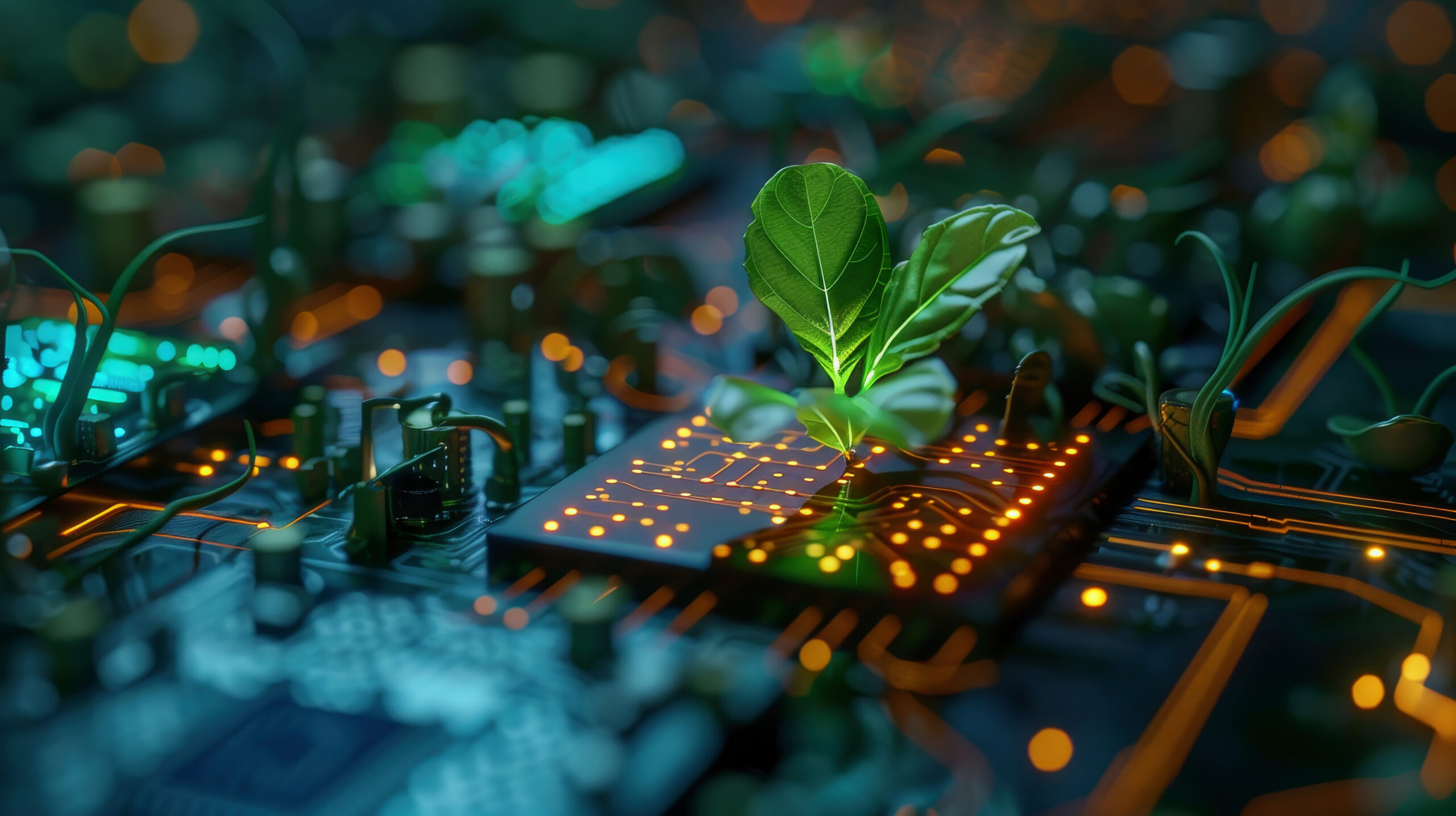 A vibrant green plant growing from a glowing electronic circuit board, symbolising sustainability and technology.