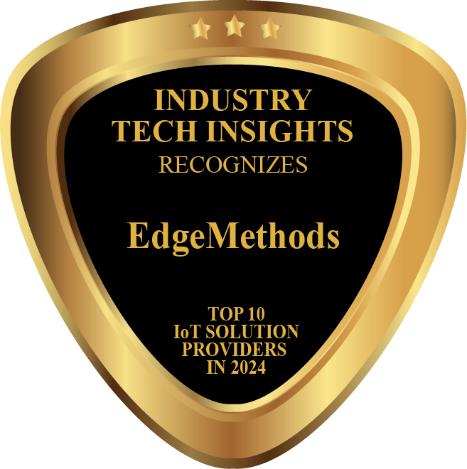 Golden shield-shaped award with the text "Industry Tech Insights Recognises EdgeMethods as Top 10 IoT Solution Providers in 2024."