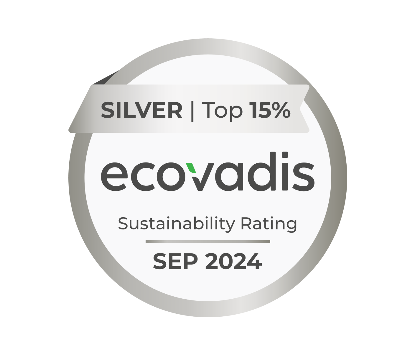 Silver badge for EcoVadis Sustainability Rating, awarded in September 2024, indicating Top 15% performance.