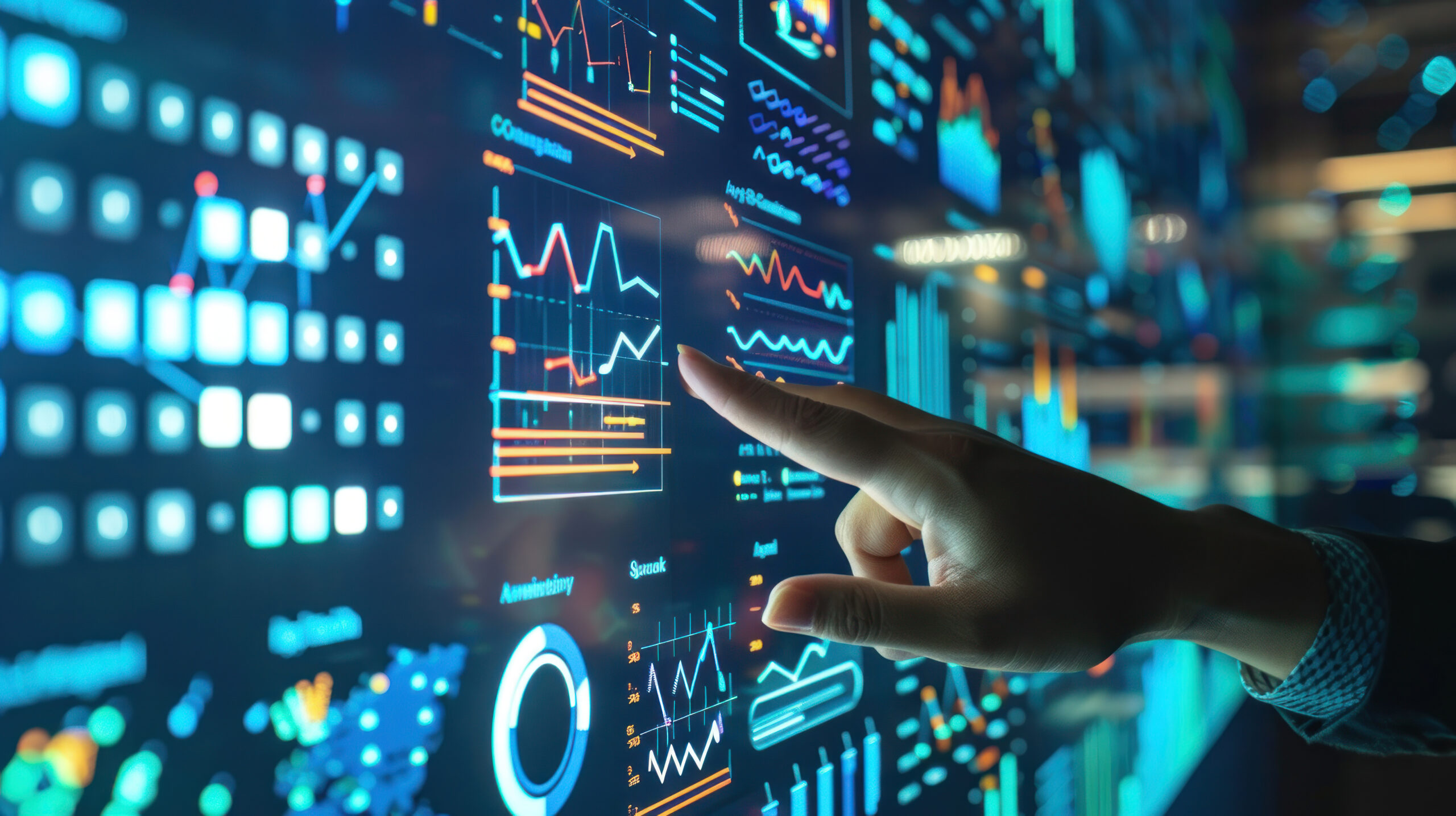 Close-up of a hand interacting with digital data visualisations on a futuristic interface, illustrating energy management and operational efficiency.